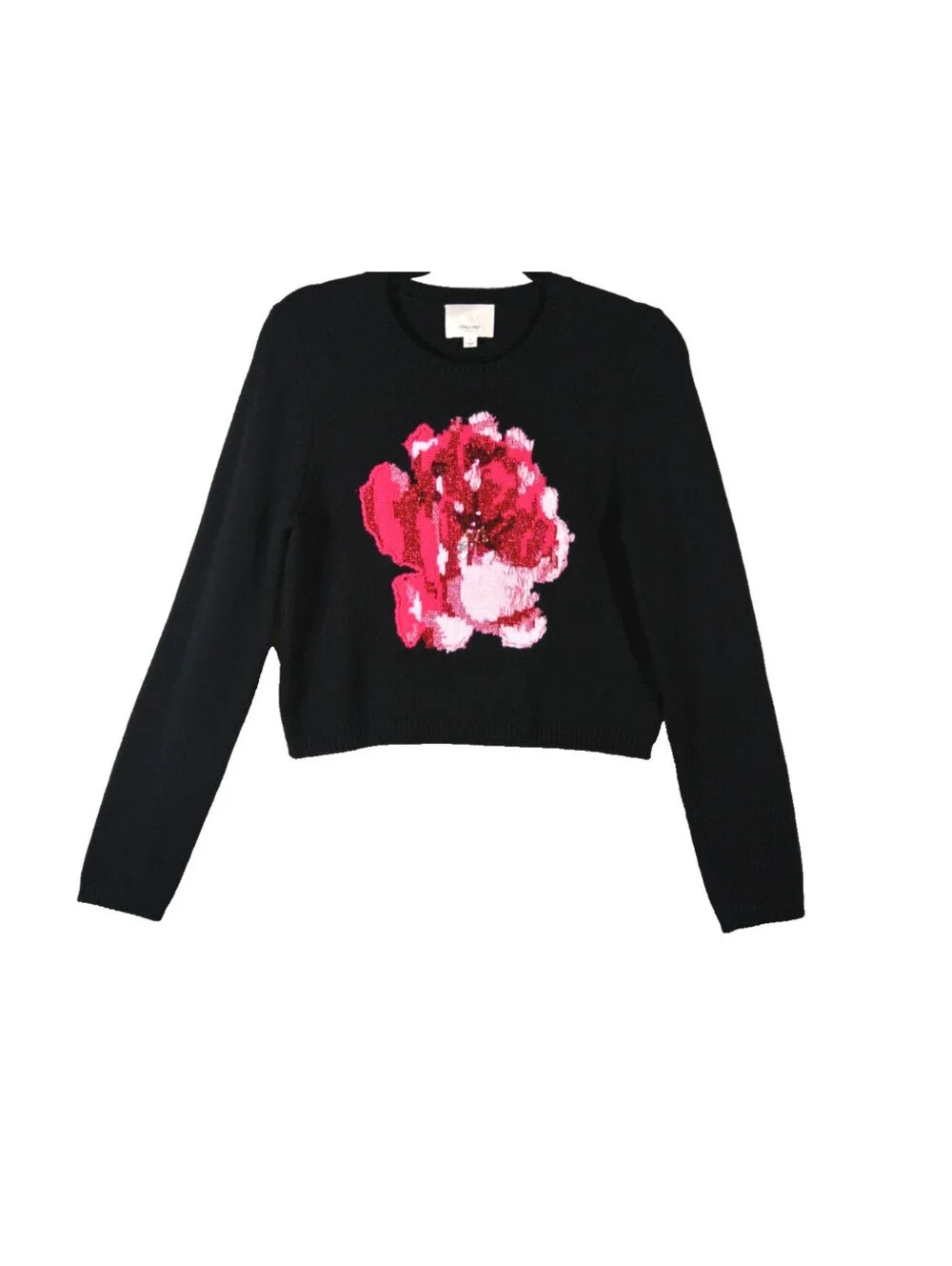 NEW, Cinq A Sept Heritage Rose Issa Wool Blend Crop Sweater Black Sz S #S7726